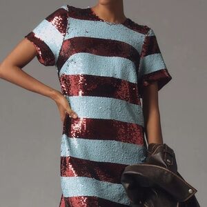 Anthropologie Maeve Short-Sleeve Sequin Striped Mini Dress